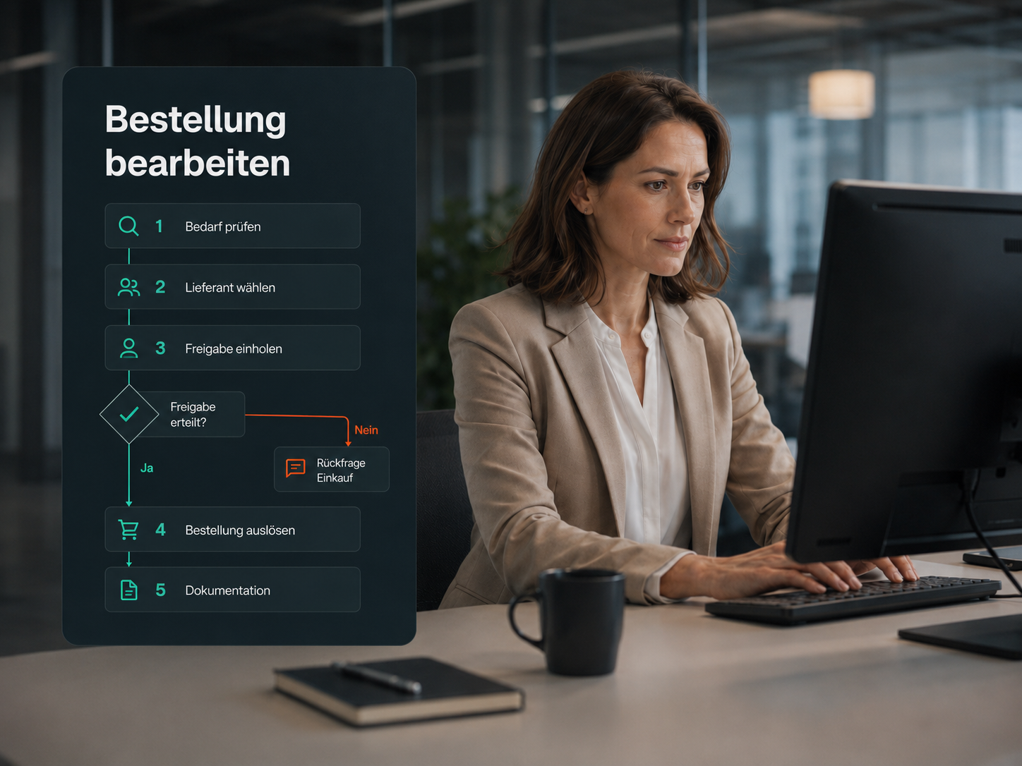 Mitarbeiterin am Desktop-Rechner; daneben eine Implix-Prozessbeschreibung für "Bestellung bearbeiten" mit Entscheidungsbaum und Prozessschritten