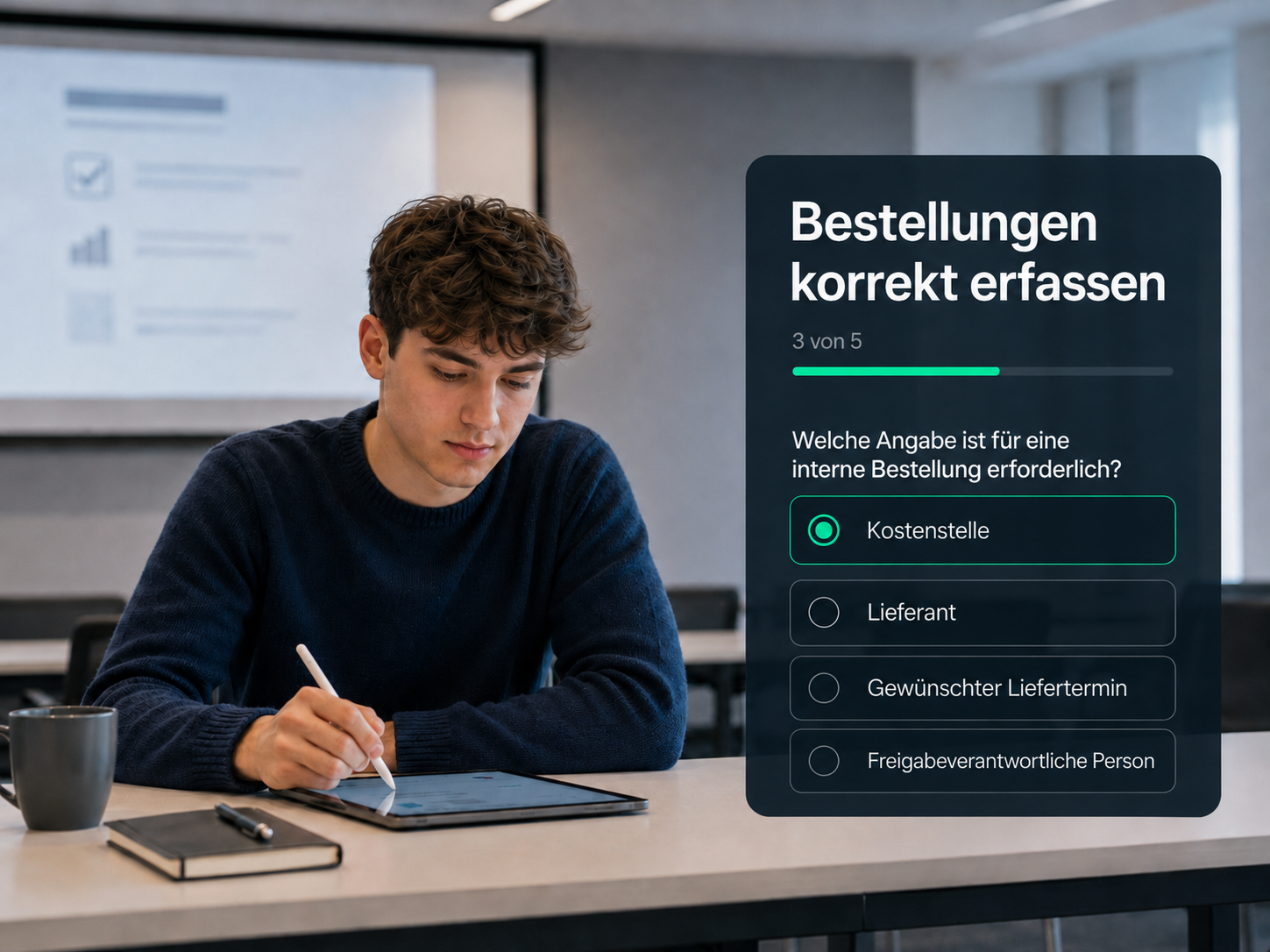 Mitarbeiter bearbeitet auf dem Tablet ein Implix-Schulungsmodul zu "Bestellungen korrekt erfassen", Schritt 3 von 5